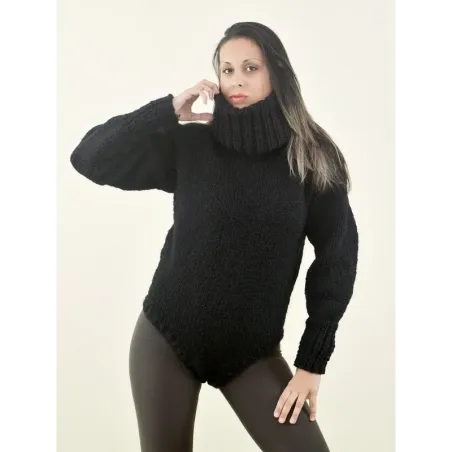 Sexy Hand Knitted Wool Sweater Bodysuit Black Color Turtleneck