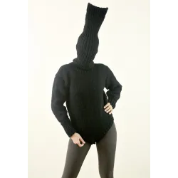 Sexy Hand Knitted Wool Sweater Bodysuit Black Color Turtleneck