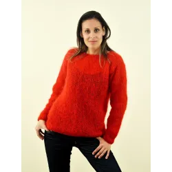 Super Sexy Hand Knitted Mohair Sweater Red Orange Color Fuzzy Boat Neck pullover