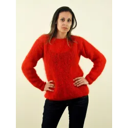 Super Sexy Hand Knitted Mohair Sweater Red Orange Color Fuzzy Boat Neck pullover