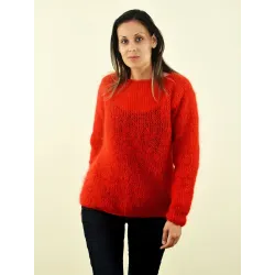 Super Sexy Hand Knitted Mohair Sweater Red Orange Color Fuzzy Boat Neck pullover