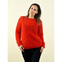 Super Sexy Hand Knitted Mohair Sweater Red Orange Color Fuzzy Boat Neck pullover