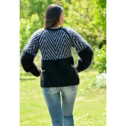 Sexy Hand Knitted Turtleneck Mohair Sweater Black and White Color