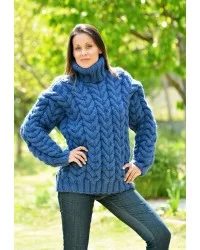 Cable Hand Knitted Chunky 100 % Pure Wool Turtleneck Sweater Blue Jumper