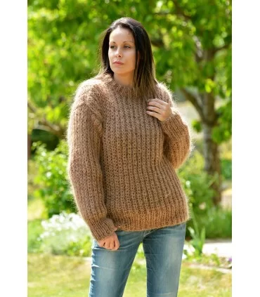 Hand Knit Mohair Ribbed Sweater Brown Fuzzy Cable Crew neck Pullover