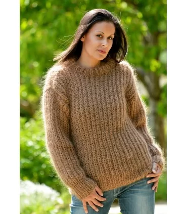 Hand Knit Mohair Ribbed Sweater Brown Fuzzy Cable Crew neck Pullover