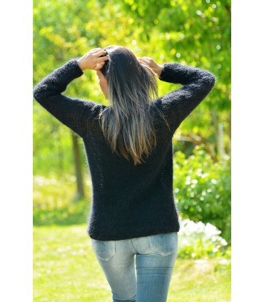 Super Sexy Hand Knitted Mohair Sweater Black Color Fuzzy Boat Neck pullover