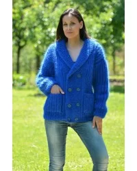 Hand Knitted Mohair Cardigan Blue color Fuzzy Shawl Collar Jacket with pockets