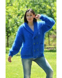 Hand Knitted Mohair Cardigan Blue color Fuzzy Shawl Collar Jacket