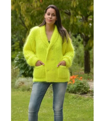 Hand Knitted Mohair Cardigan Neon Yellow color Fuzzy Shawl Collar Jacket with pockets