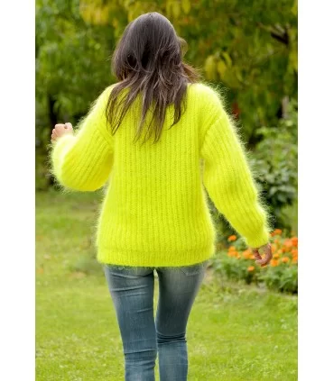 Hand Knitted Mohair Cardigan Neon Yellow color Fuzzy Shawl Collar Jacket with pockets