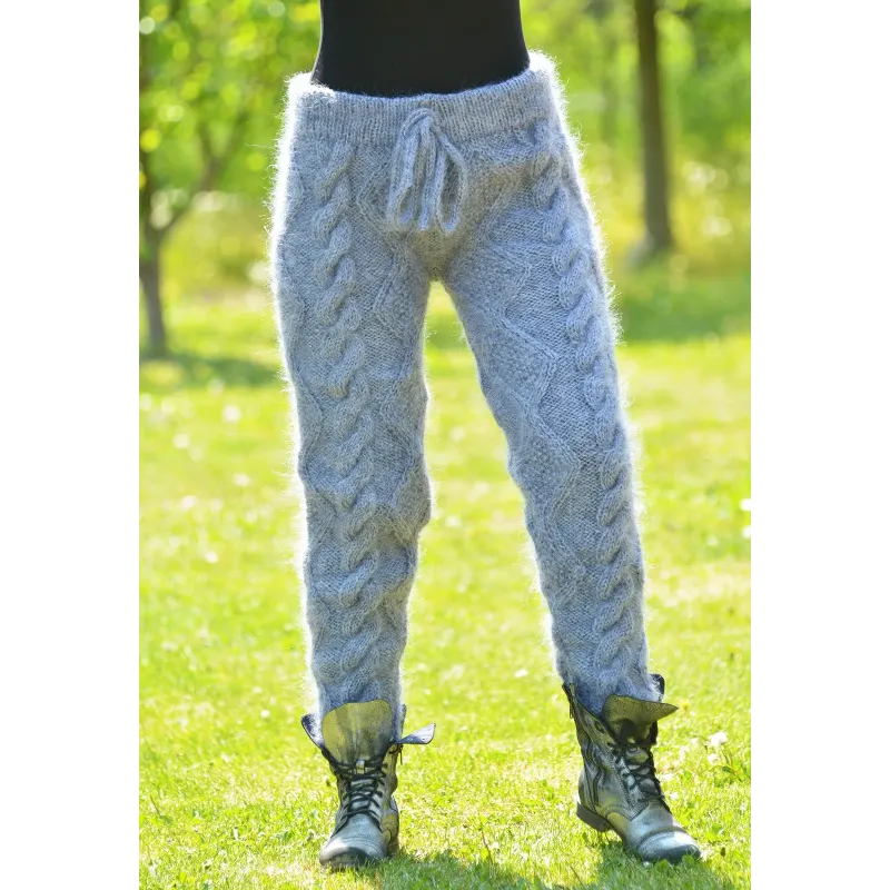 Sexy Cable Hand Knit Mohair Pants Gray Mix Color Fuzzy Leggings