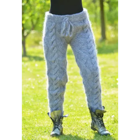 Sexy Cable Hand Knit Mohair Pants Gray Mix Color Fuzzy Leggings