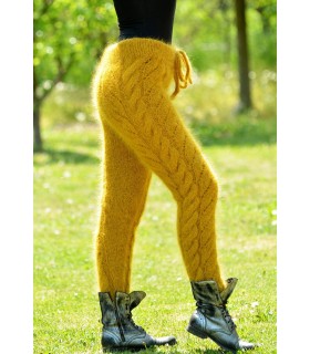 Sexy Cable Hand Knit Mohair Pants Gold Color Fuzzy Leggings