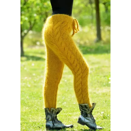 Sexy Cable Hand Knit Mohair Pants Gold Color Fuzzy Leggings