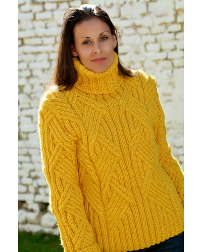 Yellow Cable Hand Knitted Chunky 100 % Pure Wool Turtleneck Sweater Yellow