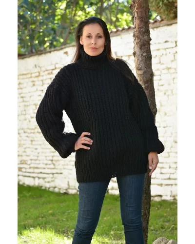 Ribbed Cable Hand Knitted 100 % Pure Wool Turtleneck Sweater Black color Jumper