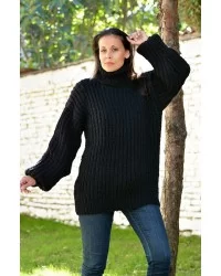 Ribbed Cable Hand Knitted 100 % Pure Wool Turtleneck Sweater Black color Jumper