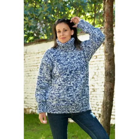 White blue mix Hand Knitted 100 %  Wool Turtleneck Sweater Pullover Jumper