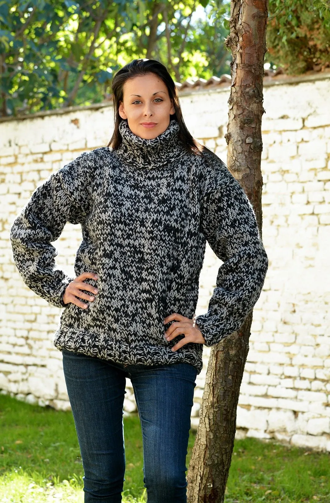 Grey Black mix hand knitted wool Turtleneck sweater by Extravagantza