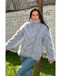 Hand Knit Cable Mohair Sweater Light Grey color Fuzzy Turtleneck 10 strands