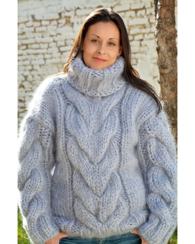 Hand Knit Cable Mohair Sweater Light Grey color Fuzzy Turtleneck 10 strands