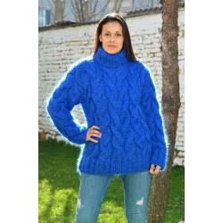 NEW Cable Hand Knitted Mohair Sweater Blue Color Fuzzy Turtleneck Pullover