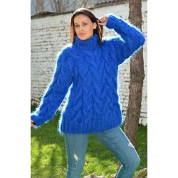 NEW Cable Hand Knitted Mohair Sweater Blue Color Fuzzy Turtleneck Pullover
