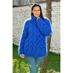 NEW Cable Hand Knitted Mohair Sweater Blue Color Fuzzy Turtleneck Pullover