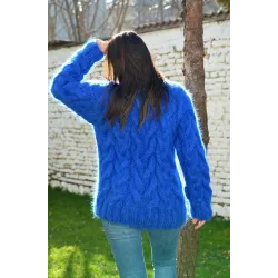 NEW Cable Hand Knitted Mohair Sweater Blue Color Fuzzy Turtleneck Pullover