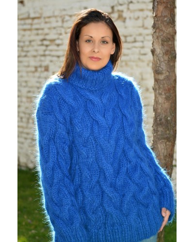 NEW Cable Hand Knitted Mohair Sweater Blue Color Fuzzy Turtleneck Pullover