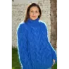 NEW Cable Hand Knitted Mohair Sweater Blue Color Fuzzy Turtleneck Pullover