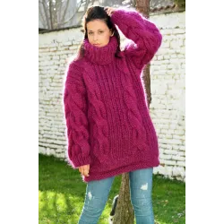 NEW Cable Hand Knitted Long Mohair Sweater Fuchsia Color Fuzzy Turtleneck Pullover