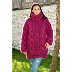NEW Cable Hand Knitted Long Mohair Sweater Fuchsia Color Fuzzy Turtleneck Pullover