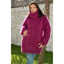 NEW Cable Hand Knitted Long Mohair Sweater Fuchsia Color Fuzzy Turtleneck Pullover