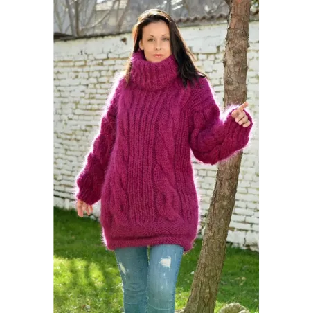 NEW Cable Hand Knitted Long Mohair Sweater Fuchsia Color Fuzzy Turtleneck Pullover