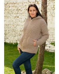 Hooded Chunky Hand Knitted 100 % Wool Cardigan Beige color Jacket