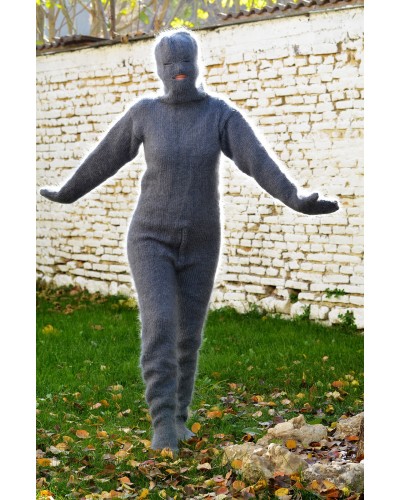 2 Strands Grey Mix Hand Knitted Mohair Catsuit Fuzzy and Fluffy Fetish One piece Bodysuit