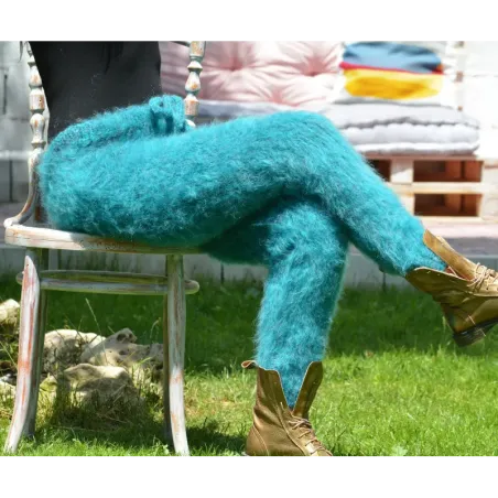 Super sexy Blue mix Hand Knitted Mohair Wool Pants Fuzzy Leggings