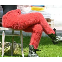 Super sexy Red mix Hand Knitted Mohair Wool Pants Fuzzy Leggings