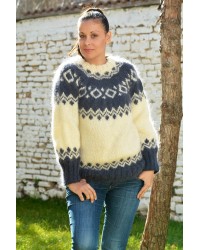 Hand Knitted Mohair Icelandic Sweater off White grey Color Fuzzy Crewneck Pullover