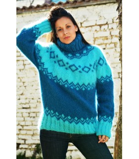 Hand Knitted Mohair Sweater Blue mix Color Fuzzy Icelandic Turtleneck Pullover