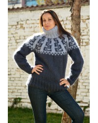 Hand Knitted Mohair Icelandic Sweater Light Grey Dark Grey Color Fuzzy Crewneck Pullover