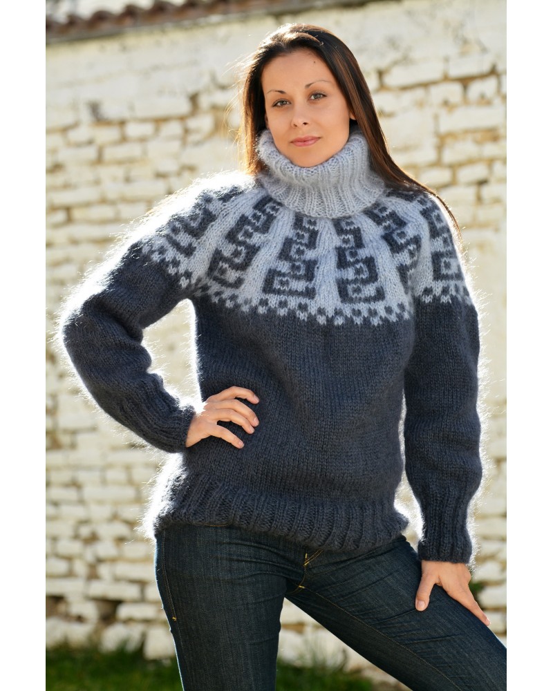 Hand Knitted Mohair Icelandic Sweater Light Grey Dark Grey Color Fuzzy Crewneck Pullover