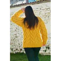 Yellow color Cable Hand Knitted Chunky 100 % Pure Wool Turtleneck Sweater Yellow