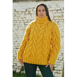 Yellow color Cable Hand Knitted Chunky 100 % Pure Wool Turtleneck Sweater Yellow