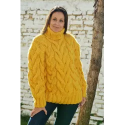 Yellow color Cable Hand Knitted Chunky 100 % Pure Wool Turtleneck Sweater Yellow
