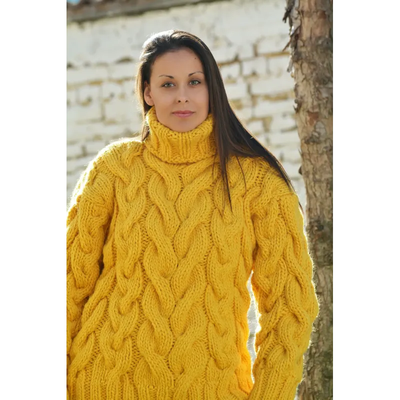 Yellow color Cable Hand Knitted Chunky 100 % Pure Wool Turtleneck Sweater Yellow