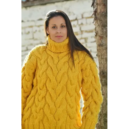 Yellow color Cable Hand Knitted Chunky 100 % Pure Wool Turtleneck Sweater Yellow