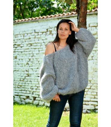 Hand Knitted Mohair Sweater Grey color Fuzzy Boat Neck pullover